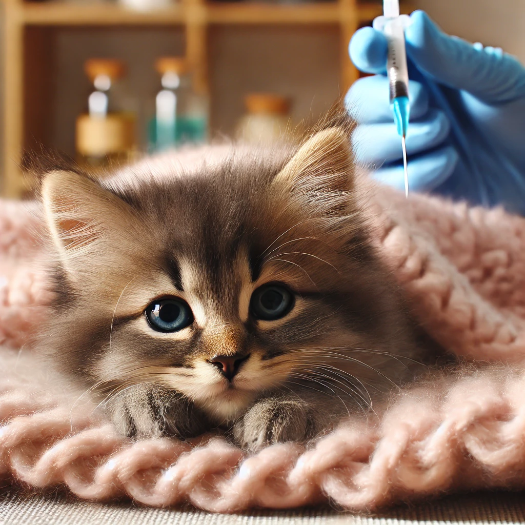 Kitten relaxing after receiving a vaccine, looking comfortable.