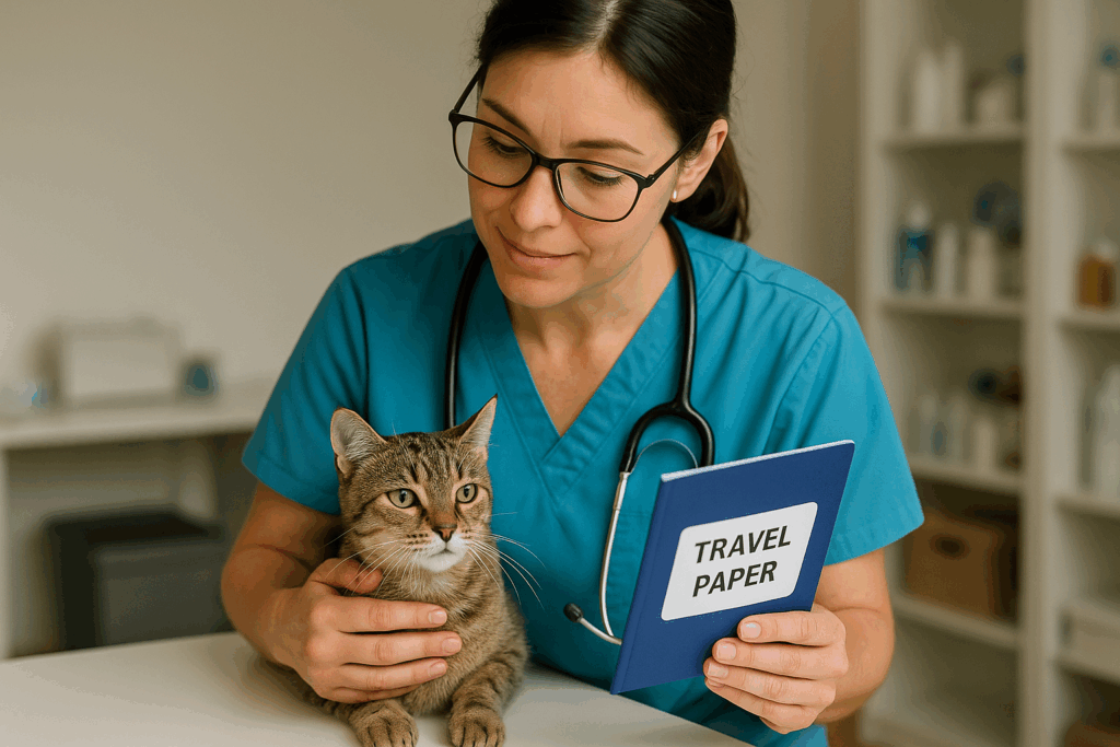 Veterinarian checking pet before flight.