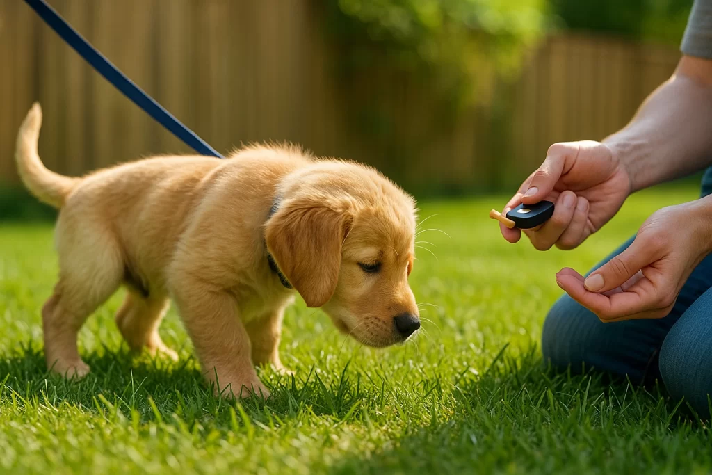 Golden retriever puppy learning house‑training outdoors, guided by owner with treat and clicker.