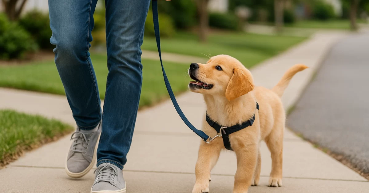 First steps in puppy training? Golden retriever puppy walking on a leash next to its owner in a suburban neighborhood.